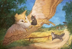 Size: 2560x1746 | Tagged: safe, artist:himmis, oc, oc only, oc:beaky, cat, griffon, mouse, fanfic:yellow feathers, carrying, cheese, cottagecore, escape, fanfic art, fence, flying, food, griffon oc, high res, running, technically advanced, village, wheat, wings