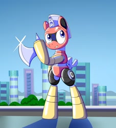 Size: 1818x2000 | Tagged: safe, artist:trackheadtherobopony, oc, oc only, oc:trackhead, pony, robot, robot pony, axe, bipedal, city, eyebrows, grin, smiling, solo, weapon