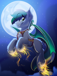 Size: 1900x2500 | Tagged: safe, artist:starcasteclipse, part of a set, oc, oc only, bat pony, pony, commission, flying, glowing, glowing hooves, harness, jingle bells, moon, smiling, solo, tack, ych result