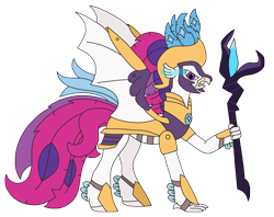 Size: 3032x2400 | Tagged: safe, artist:supahdonarudo, gameloft, queen novo, classical hippogriff, hippogriff, series:novoember, g4, my little pony: magic princess, my little pony: the movie, armor, bat wings, chaos novo, high res, implied storm king, possessed, simple background, staff, staff of sacanas, transparent background, wings