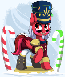 Size: 1658x1961 | Tagged: safe, artist:joaothejohn, oc, oc only, oc:flamebrush, pegasus, pony, candy, candy cane, christmas, christmas lights, clothes, cute, food, hat, holiday, looking up, nutcracker, pegasus oc, simple background, snow, snowfall, wings