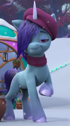 Size: 633x1137 | Tagged: safe, screencap, onyx, pony, unicorn, g5, my little pony: make your mark, winter wishday, spoiler:g5, beret, clothes, cropped, female, floppy ears, hair over one eye, hat, mare, raised hoof, scarf, smug, snow, solo