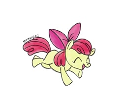 Size: 612x548 | Tagged: safe, artist:mompuchi, apple bloom, earth pony, pony, g4, eyes closed, female, filly, foal, jumping, open mouth, simple background, solo, white background