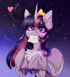 Size: 900x1000 | Tagged: safe, artist:carrion1750, twilight sparkle, alicorn, pony, g4, alternate design, belly button, chest fluff, cloven hooves, crown, curved horn, cute, ear fluff, eyeliner, female, fluffy, heart, heart eyes, horn, implied princess celestia, jewelry, leg fluff, lesbian, letter, love letter, makeup, mouth hold, paper, partially open wings, question mark, raised hooves, regalia, ship:twilestia, shipping, skinny, stars, thin, twiabetes, twilight sparkle (alicorn), unshorn fetlocks, wing fluff, wingding eyes, wings