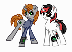 Size: 2096x1536 | Tagged: safe, artist:vetta, oc, oc only, oc:blackjack, oc:littlepip, pony, unicorn, fallout equestria, fallout equestria: project horizons, clothes, colored sclera, duo, duo female, female, jumpsuit, pipbuck, simple background, vault suit, white background, yellow sclera