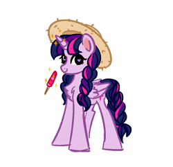 Size: 777x748 | Tagged: safe, artist:vetta, twilight sparkle, alicorn, pony, g4, alternate hairstyle, braid, braided tail, chest fluff, food, hat, heart, heart eyes, ice cream, simple background, solo, straw hat, tail, twilight sparkle (alicorn), white background, wingding eyes