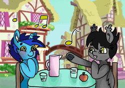 Size: 1754x1240 | Tagged: safe, artist:anykoe, artist:dialliyon, oc, oc:dial liyon, oc:nychi, bat pony, pony, unicorn, animated, cute, happy, hypnosis, hypnotized, looking at someone, loop, lunch, music notes, perfect loop, singing, swirly eyes
