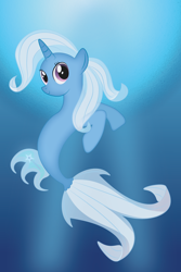 Size: 1200x1800 | Tagged: safe, artist:prixy05, trixie, pony, seapony (g4), unicorn, g4, blue mane, crepuscular rays, cute, digital art, dorsal fin, female, fish tail, flowing mane, flowing tail, horn, looking at you, mare, ocean, pink eyes, seaponified, seapony trixie, smiling, smiling at you, solo, species swap, sunlight, swimming, tail, underwater, water