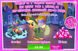 Size: 1962x1297 | Tagged: safe, gameloft, applejack, earth pony, pony, g4, my little pony: magic princess, advertisement, alternate hairstyle, alternate timeline, applecalypsejack, apron, camouflage, clothes, costs real money, crystal empire, crystal war timeline, english, female, gem, hair net, hat, introduction card, mare, numbers, sale, solo, sombraverse, stain, text, water bottle, weights