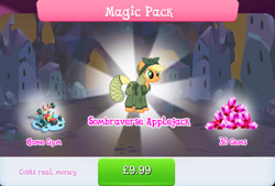 Size: 1264x853 | Tagged: safe, gameloft, applejack, earth pony, pony, g4, my little pony: magic princess, alternate hairstyle, alternate timeline, applecalypsejack, apron, bundle, camouflage, clothes, costs real money, crystal empire, crystal war timeline, english, female, gem, hair net, hat, magic pack, mare, numbers, sale, solo, sombraverse, stain, text, water bottle, weights