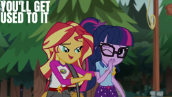 Size: 1920x1080 | Tagged: safe, edit, edited screencap, editor:quoterific, screencap, sci-twi, sunset shimmer, twilight sparkle, human, equestria girls, g4, my little pony equestria girls: legend of everfree