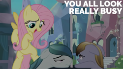 Size: 1920x1080 | Tagged: safe, edit, edited screencap, editor:quoterific, screencap, amber waves, crystal arrow, crystal beau, fluttershy, crystal pony, g4, the crystal empire, floppy ears