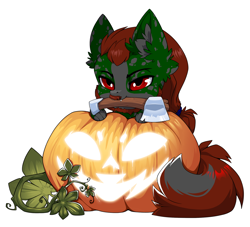 Size: 1500x1364 | Tagged: safe, artist:arctic-fox, oc, oc only, oc:well geboren, dog pony, earth pony, hybrid, original species, pony, axe, commission, halloween, hatchet, holiday, jack-o-lantern, mouth hold, pumpkin, simple background, solo, transparent background, weapon, ych result