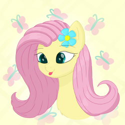 Size: 3219x3219 | Tagged: safe, artist:fa11en, derpibooru exclusive, fluttershy, butterfly, pony, g4, bust, chest fluff, female, flower, flower in hair, high res, mare, smiling, solo, three quarter view, tongue out