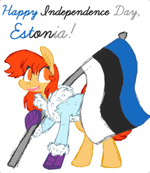 Size: 552x635 | Tagged: safe, artist:artflicker, oc, oc only, oc:flicker split, earth pony, pony, 2014, boots, clothes, earth pony oc, estonia, female, flag, holding a flag, independence day, jacket, looking at you, mare, national flag, no pupils, open mouth, open smile, shoes, simple background, smiling, smiling at you, solo, standing, white background, winter jacket, winter outfit