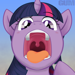 Size: 1200x1200 | Tagged: safe, artist:gum-k, part of a set, twilight sparkle, pony, unicorn, confused, esophagus, mawshot, open mouth, oral invitation, purple eyes, raised eyebrow, slimy, solo, taste buds, tongue out, twipred, uvula
