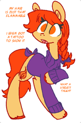 Size: 398x601 | Tagged: safe, artist:artflicker, oc, oc only, oc:flicker split, earth pony, pony, bow, braid, clothes, colored hooves, earth pony oc, eye clipping through hair, female, hair bow, hoof on chest, mare, no pupils, orange eyes, simple background, solo, standing, sweater, tail, tail bow, talking to viewer, unshorn fetlocks, white background