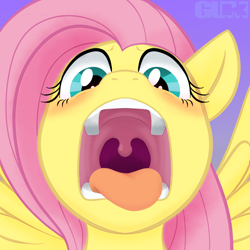 Size: 1200x1200 | Tagged: safe, artist:gum-k, part of a set, fluttershy, pegasus, pony, blushing, esophagus, flutterpred, mawshot, open mouth, oral invitation, pink hair, slimy, solo, taste buds, tongue out, uvula