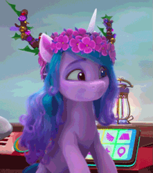 Size: 565x640 | Tagged: safe, screencap, izzy moonbow, zipp storm, pony, unicorn, g5, my little pony: make your mark, my little pony: make your mark chapter 3, winter wishday, spoiler:g5, spoiler:winter wishday, animated, cropped, cute, excited, female, floppy ears, floral head wreath, flower, gif, i watch it for the ears, izzybetes, mare, offscreen character, smiling, solo focus