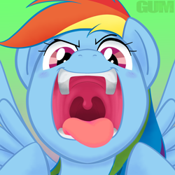 Size: 1200x1200 | Tagged: safe, artist:gum-k, part of a set, rainbow dash, pegasus, pony, esophagus, mawshot, multicolored hair, open mouth, open smile, oral invitation, pointing, preddash, rainbow hair, raised eyebrow, slimy, smiling, solo, taste buds, tongue out, uvula
