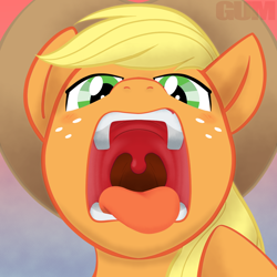 Size: 1200x1200 | Tagged: safe, artist:gum-k, part of a set, applejack, earth pony, pony, blonde hair, esophagus, freckles, green eyes, mawshot, open mouth, oral invitation, predajack, slimy, solo, taste buds, tongue out, uvula