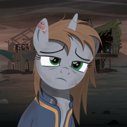 Size: 2000x2000 | Tagged: safe, artist:dddromm, oc, oc only, oc:littlepip, pony, unicorn, fallout equestria, bandage, bandaid, blood, bust, clothes, depressing, exhausted, fanfic art, female, high res, injured, jumpsuit, looking at you, mare, ruins, sad, scratches, solo, tired, vault suit, wasteland