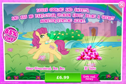 Size: 1958x1304 | Tagged: safe, gameloft, idw, bon bon (g1), earth pony, pony, g1, g4, my little pony: magic princess, advertisement, castle, costs real money, english, female, gem, idw showified, implied bon bon, introduction card, mare, numbers, sale, secret agent, solo, text