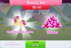 Size: 1255x847 | Tagged: safe, gameloft, idw, bon bon (g1), earth pony, pony, g1, g4, my little pony: magic princess, bundle, castle, costs real money, english, female, gem, idw showified, mare, numbers, sale, solo, text