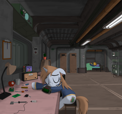Size: 2186x2048 | Tagged: safe, artist:dddromm, oc, oc only, oc:littlepip, earth pony, pony, unicorn, fallout equestria, apple, desk, fanfic art, female, food, high res, male, mare, pipbuck, screwdriver, sitting, sleeping, stable 2, stallion