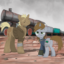 Size: 2000x2000 | Tagged: safe, artist:dddromm, oc, oc only, oc:littlepip, unnamed oc, earth pony, pony, unicorn, fallout equestria, bandaid, butt, clothes, duo, duo male and female, earth pony oc, eyebrows, eyes closed, fanfic art, female, frown, high res, horn, jumpsuit, male, mare, new appleloosa, pipbuck, plot, rear view, scratches, smiling, stallion, train, unamused, unicorn oc, vault suit