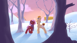 Size: 1920x1080 | Tagged: safe, artist:storyteller, oc, oc only, oc:bloodworm, oc:omelette, earth pony, pony, breath, clothes, colored, cute, duo, hoofprints, lineless, scarf, snow, tree