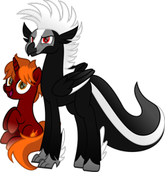 Size: 2968x3110 | Tagged: safe, artist:kendell2, artist:php178, artist:superdude2075, derpibooru exclusive, oc, oc only, oc:fireblaze sunset, oc:spinx, classical hippogriff, hippogriff, pony, skunk, skunk hippogriff, unicorn, 2023 community collab, derpibooru community collaboration, .svg available, blaze (coat marking), coat markings, collaboration, colored wings, determination, determined, determined face, determined look, determined smile, duo, facial markings, feathered fetlocks, fire, folded wings, gradient hooves, happy, height difference, high res, hippogriff oc, hooves up, horn, inkscape, looking at you, male, mohawk, movie accurate, orange eyes, orange mane, orange tail, rearing, red eyes, simple background, sitting, size difference, skunk stripe, skunk tail, smiling, smiling at you, stallion, stallion oc, standing, stripes, svg, tail, tongue out, transparent background, two toned hair, two toned mane, two toned tail, two toned wings, unicorn oc, unshorn fetlocks, vector, wings