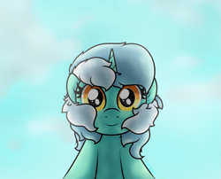 Size: 2043x1649 | Tagged: safe, artist:background basset, lyra heartstrings, pony, unicorn, g4, blue sky, bust, cute, looking at you, lyrabetes, solo