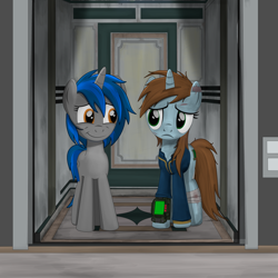 Size: 2000x2000 | Tagged: safe, artist:dddromm, oc, oc only, oc:homage, oc:littlepip, pony, unicorn, fallout equestria, duo, duo female, elevator, fanfic art, female, high res, mare, pipbuck