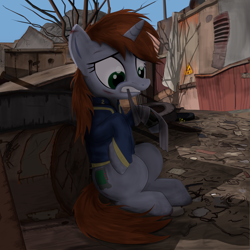 Size: 2000x2000 | Tagged: safe, artist:dddromm, oc, oc only, oc:littlepip, pony, unicorn, fallout equestria, bandage, barrel, clothes, fallout, female, high res, injured, jumpsuit, mare, ruins, solo, tree, vault suit, wasteland