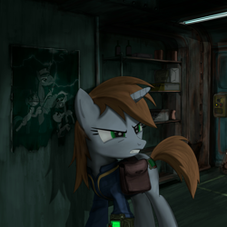Size: 2000x2000 | Tagged: safe, artist:dddromm, oc, oc only, oc:littlepip, pony, unicorn, fallout equestria, female, high res, mare, poster, solo, stable 24