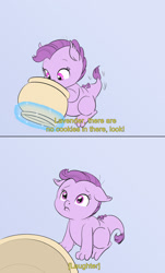 Size: 969x1603 | Tagged: safe, artist:carnifex, oc, oc:lavender, dracony, hybrid, 2 panel comic, comic, cookie, cookie jar, cute, female, filly, floppy ears, foal, food, implied rarity, interspecies offspring, levitation, lip quiver, looking up, magic, ocbetes, offscreen character, offspring, parent:rarity, parent:spike, parents:sparity, pouting, sad, sadorable, solo, subtitles, telekinesis