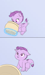 Size: 969x1603 | Tagged: safe, alternate version, artist:carnifex, oc, oc:lavender, dracony, dragon, hybrid, 2 panel comic, comic, cookie, cookie jar, cute, female, filly, floppy ears, foal, food, implied rarity, interspecies offspring, levitation, lip quiver, looking up, magic, offscreen character, offspring, parent:rarity, parent:spike, parents:sparity, pouting, sad, sadorable, solo, telekinesis, textless version
