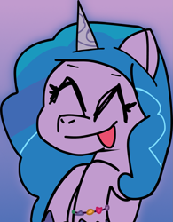 Size: 1245x1595 | Tagged: safe, artist:dewott2501, derpibooru exclusive, izzy moonbow, pony, unicorn, g5, :p, blue mane, female, happy, mare, simple background, solo, tongue out