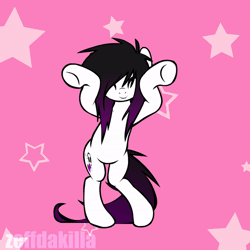 Size: 800x800 | Tagged: safe, artist:designjh, artist:php94, artist:zeffdakilla, oc, oc only, oc:lacey lullaby, earth pony, pony, 2010s, animated, base used, bipedal, black mane, both cutie marks, caramelldansen, cute, dancing, emo, female, flash, flash animation, gif, long mane, looking at you, loop, mare, nostalgia, pink background, scene, scene kid, simple background, smiling, solo, stars, white fur
