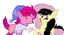 Size: 900x500 | Tagged: safe, artist:thatonefluffs, oc, oc:hush puppy, earth pony, pegasus, pony, :p, fangs, fluffy, freckles, kinsona, scene, simple background, tongue out, transparent background