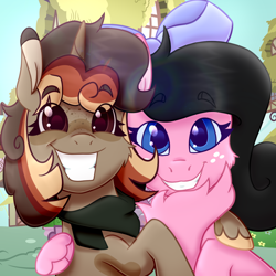 Size: 1080x1080 | Tagged: safe, artist:thatonefluffs, oc, oc:autumn spice, oc:moonlight, earth pony, pony, unicorn, chest fluff, clothes, fluffy, freckles, looking at you, ponygram, scarf, selfie, smiling, smiling at you, unshorn fetlocks