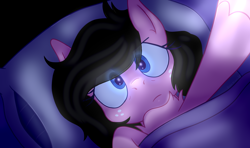 Size: 1512x894 | Tagged: safe, artist:thatonefluffs, oc, oc:moonlight, earth pony, pony, bed, bed mane, chest fluff, fluffy, freckles, in bed, ponygram, selfie, solo, tired, tired eyes, unshorn fetlocks