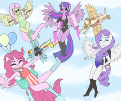 Size: 979x816 | Tagged: safe, artist:the-starry-artist, applejack, fluttershy, pinkie pie, rainbow dash, rarity, twilight sparkle, alicorn, anthro, g4, alicorn six, alicornified, applecorn, bottle, clothes, fluttercorn, flying, jetpack, leotard, mane six, mane six alicorns, pinkiecorn, race swap, rainbowcorn, raricorn, sky, sky background, soda bottle, spread wings, twilight sparkle (alicorn), wings, xk-class end-of-the-world scenario