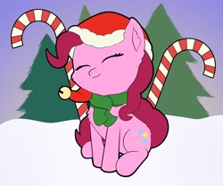 Size: 3000x2500 | Tagged: safe, artist:wasnttheredonenothing, pinkie pie, earth pony, pony, g4, candy, candy cane, clothes, cute, diapinkes, eyes closed, food, hat, high res, scarf, solo, tree, winter
