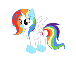 Size: 800x600 | Tagged: safe, artist:celedash, oc, oc:celedash, alicorn, pony, alicorn oc, female, horn, mare, multicolored hair, rainbow hair, simple background, smiling, solo, spread wings, white background, wings