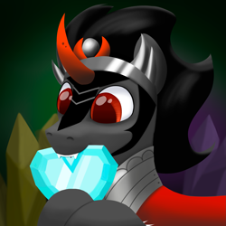 Size: 2167x2167 | Tagged: safe, artist:stellardust, derpibooru exclusive, king sombra, pony, unicorn, the crystal empire 10th anniversary, g4, armor, crystal, crystal heart, cute, fangs, happy, high res, jewelry, male, nom, solo, sombradorable, stallion