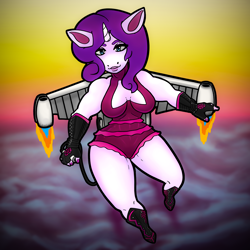 Size: 6000x6000 | Tagged: safe, artist:deathgum, rarity, anthro, g4, breasts, clothes, cloud, flying, jetpack, leotard, sky, sky background, solo, sunset