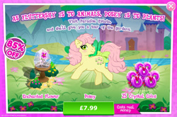 Size: 1960x1297 | Tagged: safe, gameloft, idw, posey, earth pony, pony, g1, g4, my little pony: magic princess, advertisement, blushing, bow, bush, costs real money, english, female, flower, idw showified, introduction card, mare, numbers, river, sale, solo, stream, tail, tail bow, text, water, wishing flower