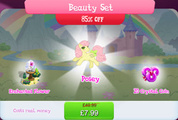 Size: 1268x857 | Tagged: safe, gameloft, idw, posey, earth pony, pony, g1, g4, my little pony: magic princess, blushing, bow, bundle, bush, costs real money, english, female, flower, idw showified, mare, numbers, river, sale, solo, stream, tail, tail bow, text, water, wishing flower